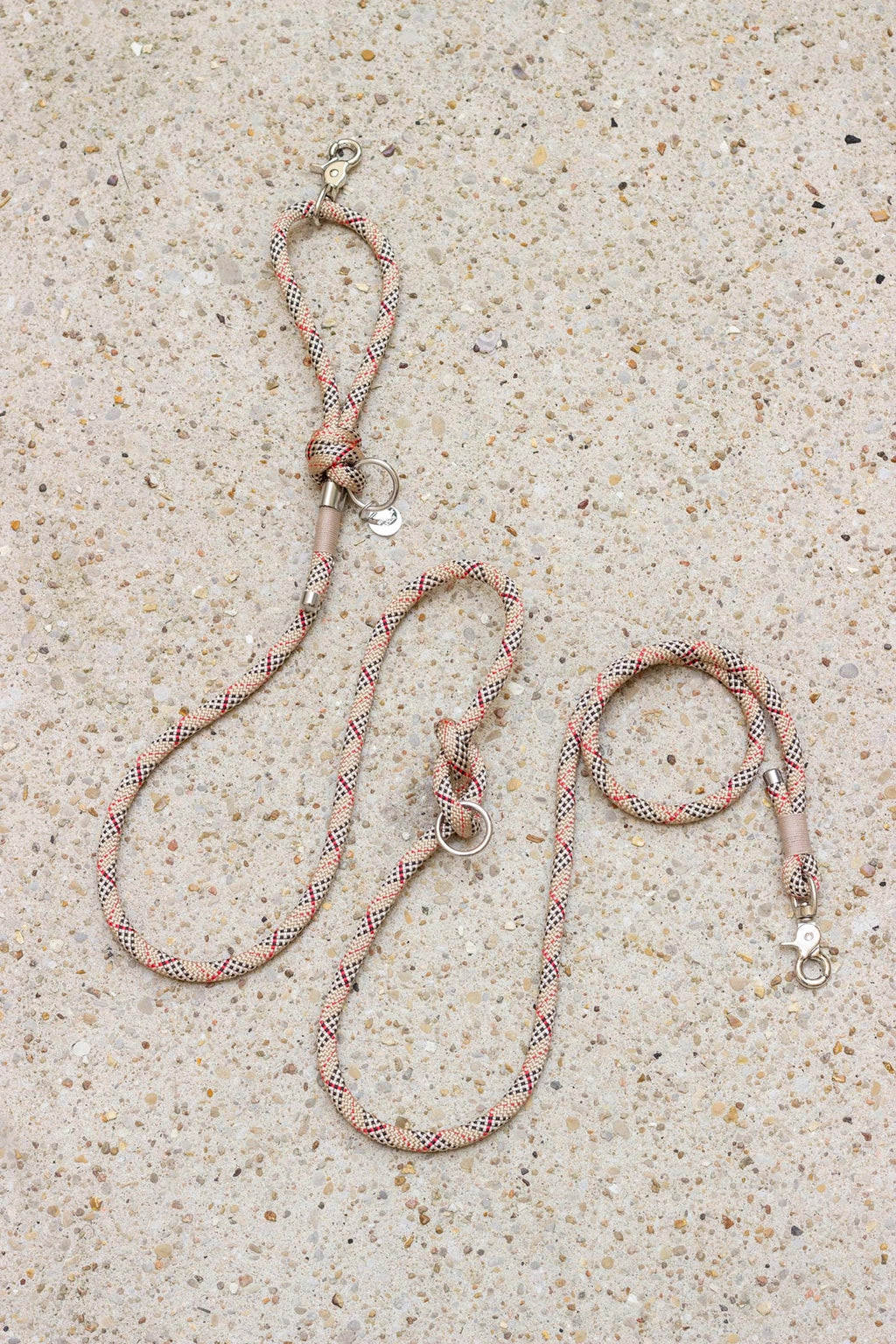 Set: Rope Collar + Leash | Beige with Plaid Pattern